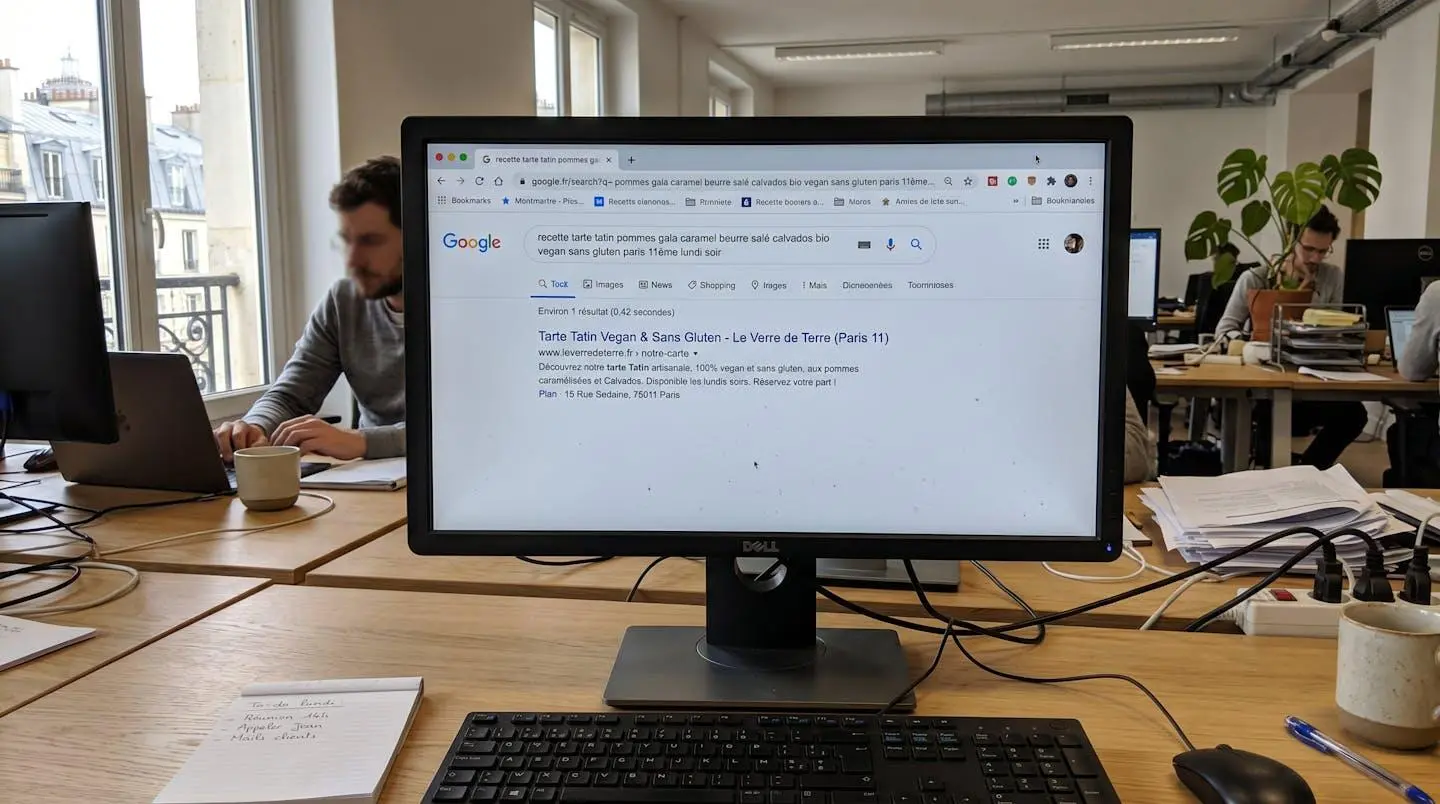 Écran d'ordinateur affichant une page de résultats Google quasi vide après une recherche complexe dans un bureau professionnel moderne