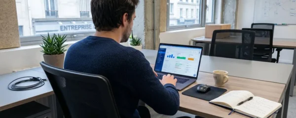 Un professionnel SEO vu de dos consulte des résultats de recherche Google sur son écran d'ordinateur portable dans un bureau moderne éclairé par la lumière naturelle