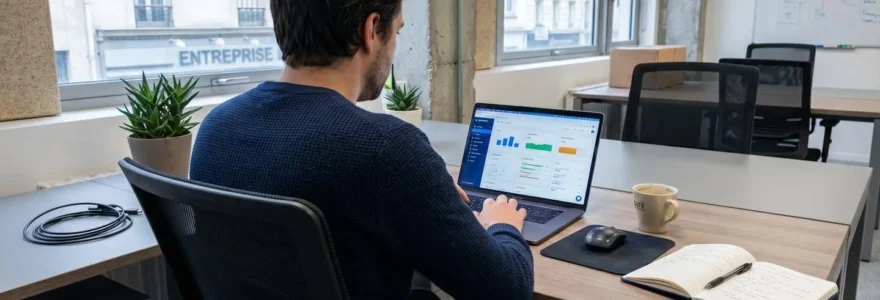 Un professionnel SEO vu de dos consulte des résultats de recherche Google sur son écran d'ordinateur portable dans un bureau moderne éclairé par la lumière naturelle