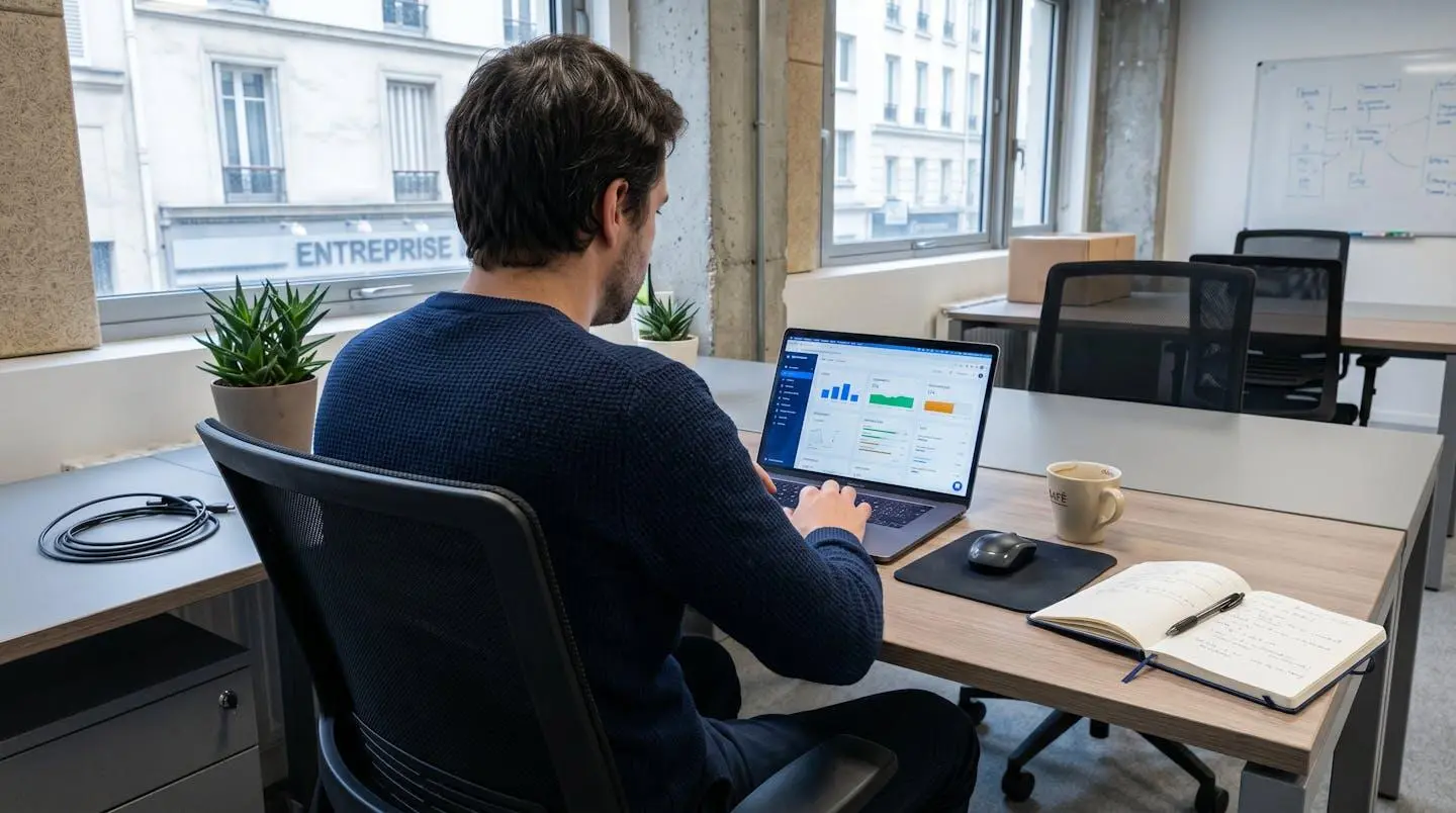 Un professionnel SEO vu de dos consulte des résultats de recherche Google sur son écran d'ordinateur portable dans un bureau moderne éclairé par la lumière naturelle