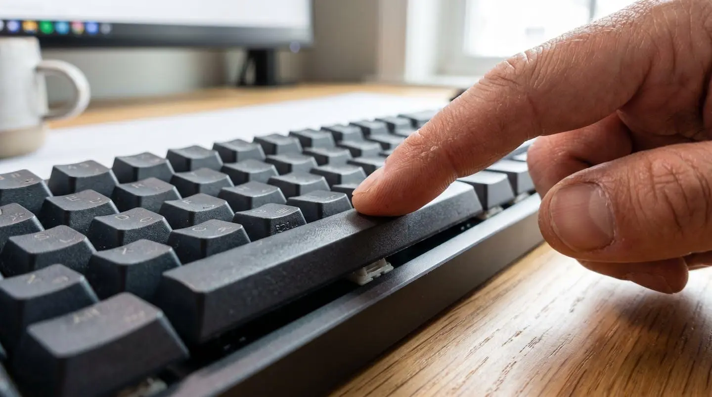 Gros plan sur un doigt appuyant sur la touche espace d'un clavier mécanique moderne éclairé par une lumière latérale naturelle