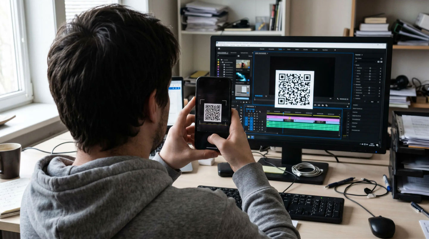 Professionnel de la communication utilisant un smartphone pour transférer une vidéo vers un outil de montage en ligne