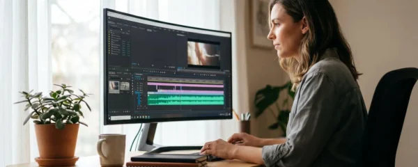 Responsable communication en train d'éditer une piste audio sur une interface de montage vidéo