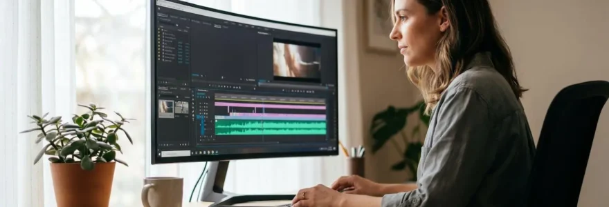 Responsable communication en train d'éditer une piste audio sur une interface de montage vidéo