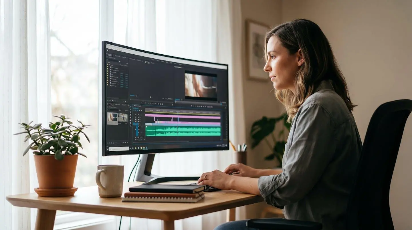 Responsable communication en train d'éditer une piste audio sur une interface de montage vidéo