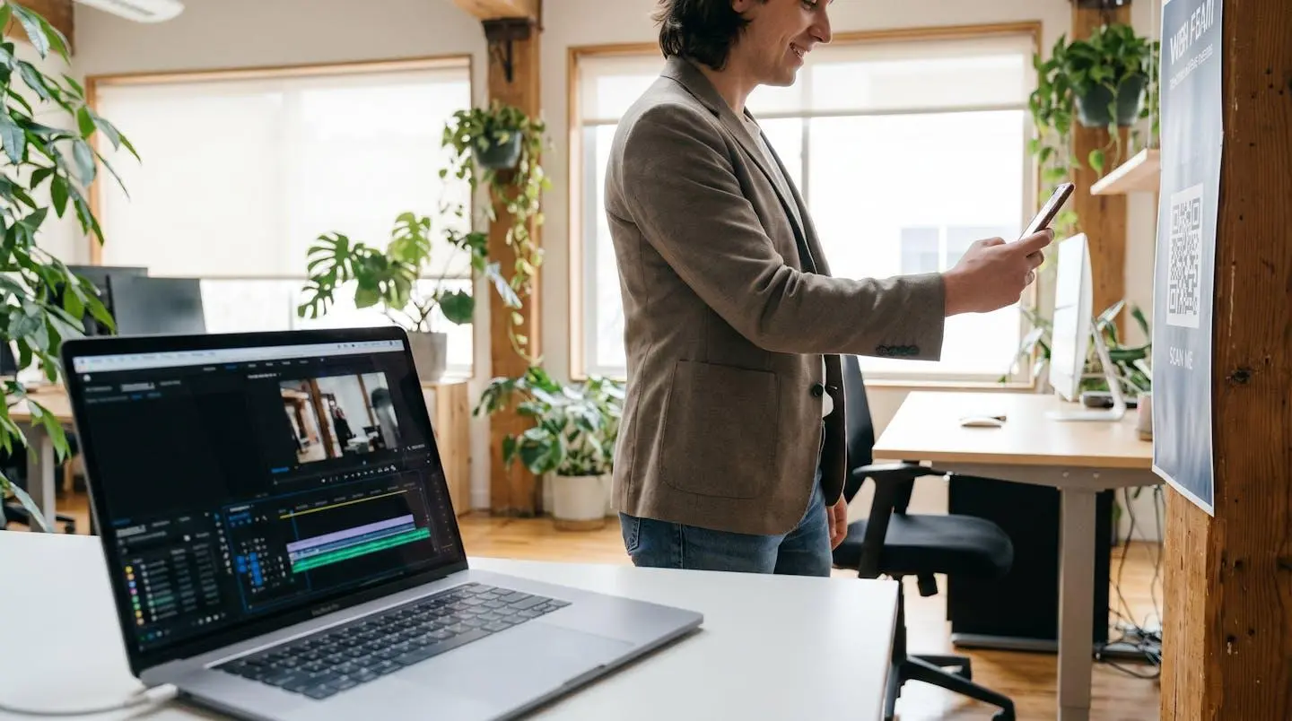Professionnel de la communication utilisant un smartphone pour transférer une vidéo vers un outil de montage en ligne