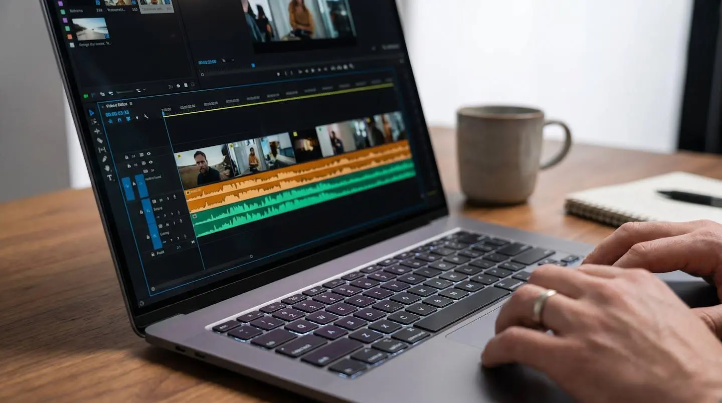 Vue de dessus d'une interface de timeline vidéo avec pistes audio superposées, sur un écran d'ordinateur portable