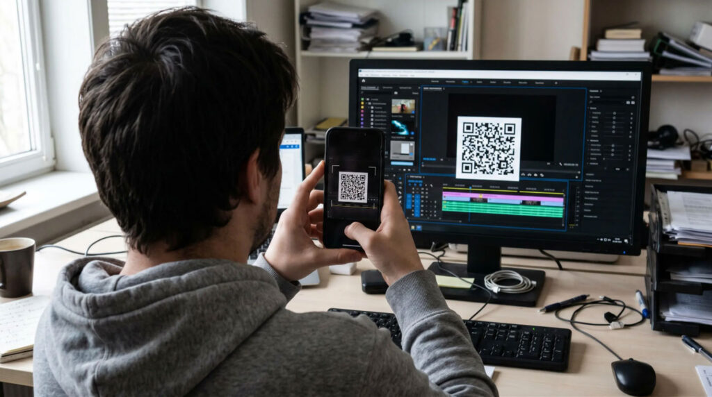 Professionnel de la communication utilisant un smartphone pour transférer une vidéo vers un outil de montage en ligne